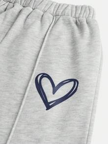 SHEIN Girlism 少女休闲爱心印花针织纯蓝色宽松落肩长袖卫衣搭配纯灰色阔腿运动裤套装，适合秋冬季日常穿着。 - 藏蓝色 - 查看 4