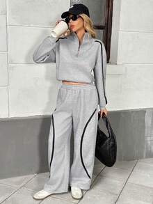 Modelyn Women's Fashionable Floral & Striped Curved Paneled Fleece Sweatpants Set, Casual Sportswear For Autumn/Winter - Grey - View 7