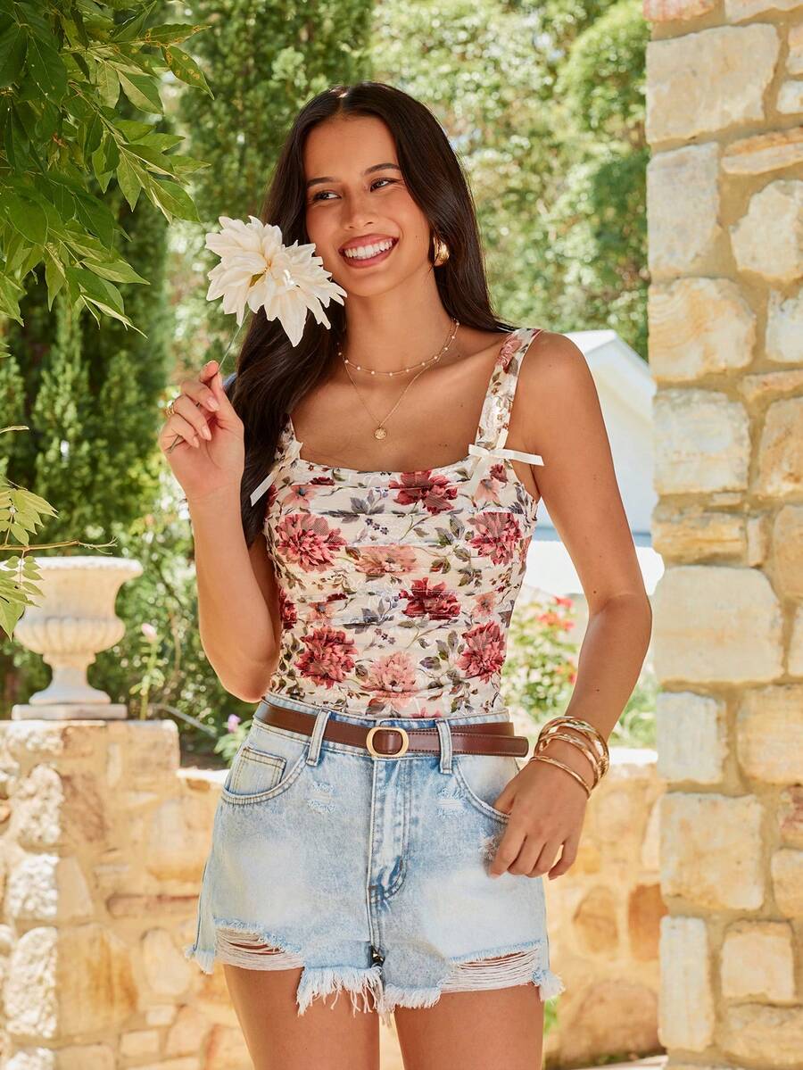 KARISMINA Women's Fitted Lace Knit Camisole, Spring/Summer Floral Tops Rose Top Floral Crop Top Flower Tube Top Summer Crop Tops Women - Multicolor - View 1