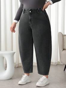 SHEIN CURVE+ 大码高腰弹力腰带休闲百搭牛仔裤，黑色，适合冬季、春季、圣诞节、新年、感恩节、通勤、度假、毕业典礼等各种场合，时尚百搭，Y2K风格，可爱街头风，适合派对、婚礼、优雅商务休闲等各种场合，舒适大码高弹黑色牛仔弹力腰阔腿牛仔裤，适合日常穿着，曲线友好型牛仔裤，黑色锥形牛仔裤，5XL码女式牛仔裤，曲线妈妈牛仔裤 - 黑色 - 查看 8