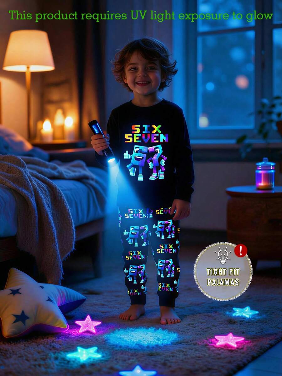 67 Digital Home Wear 1Set Boys' Glow-In-The-Dark Cartoon Numeric Character Print Long Sleeve Top And Pants Snug Fit Pajamas, Spring/Autumn/All Season