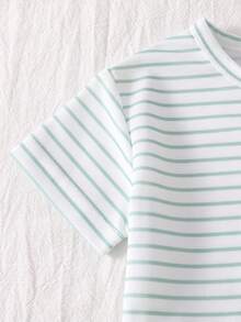 Infant Baby Boy Green Striped Pocket Dinosaur Embroidery Half-Open Chest Short Sleeve Pants Set - Army Green - View 7