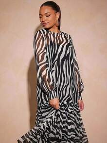Vixey Zebra Print Ruffle Hem Sheer Mesh Balloon Sleeve Dress, Cami Dress Under Not Included - Multicolor - View 5