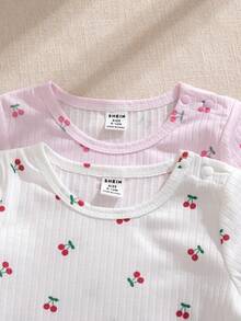 Souflis Souflis 2pcs/Set Vintage French Style Cherry Print Long Sleeve Bodysuit For Baby Girls, Suitable For Home, Outdoor And Multiple Occasions, Autumn/Winter - Multicolor - View 6