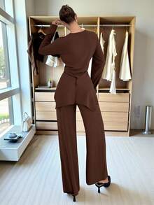 Siren Gaze 2pcs Women Elegant Dark Brown Pants Set,Overlapping Wrap Long Sleeve Top & Wide-Leg Pants Suit,French Office Style Autumn Outfit,Minimalist Clothes - Brown - View 2