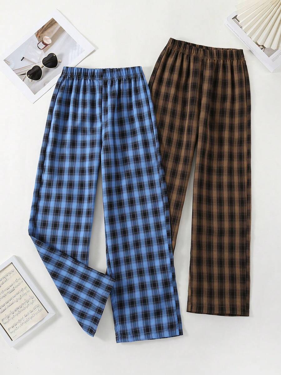 Pantalones deportivos casuales de 2 piezas para niños y jóvenes, de ajuste holgado con cintura elástica y estilo de pierna ancha, con elemento clásico a cuadros, conjunto retro/multipieza, fabricado en tela de alta calidad (poliéster), lavable a máquina, adecuado para uso al aire libre, vuelta al colegio, ir y venir, y talla grande - Multicolor - Ver 1