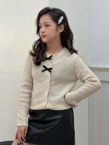 DAZY Girls' Scoop Neck Cardigan With Bow Decor, Fall - Apricot - View 5