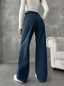 EURMUSE 100%纯棉女士斜插口袋休闲阔腿牛仔裤 - 深色水洗藍 - 查看 2