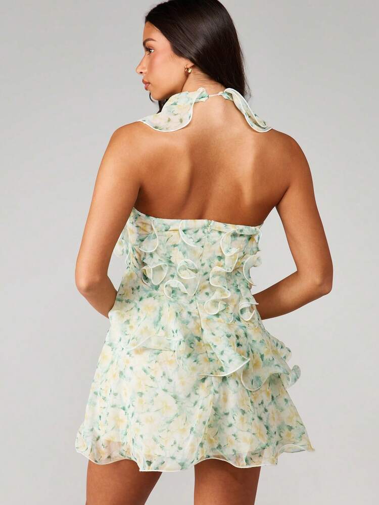 MISSGUIDED Floral Halterneck Mini Dress With Ruffle Details And Open Back Design Summer Festival Outfit