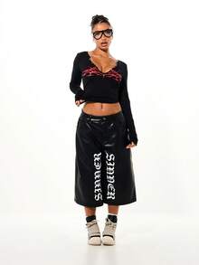 SUMWON WOMEN Faux Leather Wide Leg Longline Culottes With Gothic Typography Print Grunge Style Statement Shorts - Black - View 3