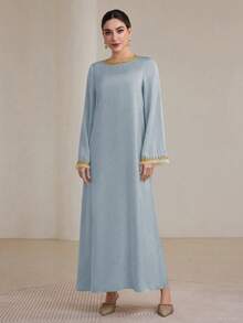 Graceveil Ribboned Ruffle Hem Women's Arabian Style Dress, Suitable For Spring And Autumn Modest - Blue - View 4