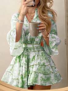 Cévolie 女士时尚休闲优雅浪漫度假印花纽扣连衣裙 - 綠色 - 查看 3