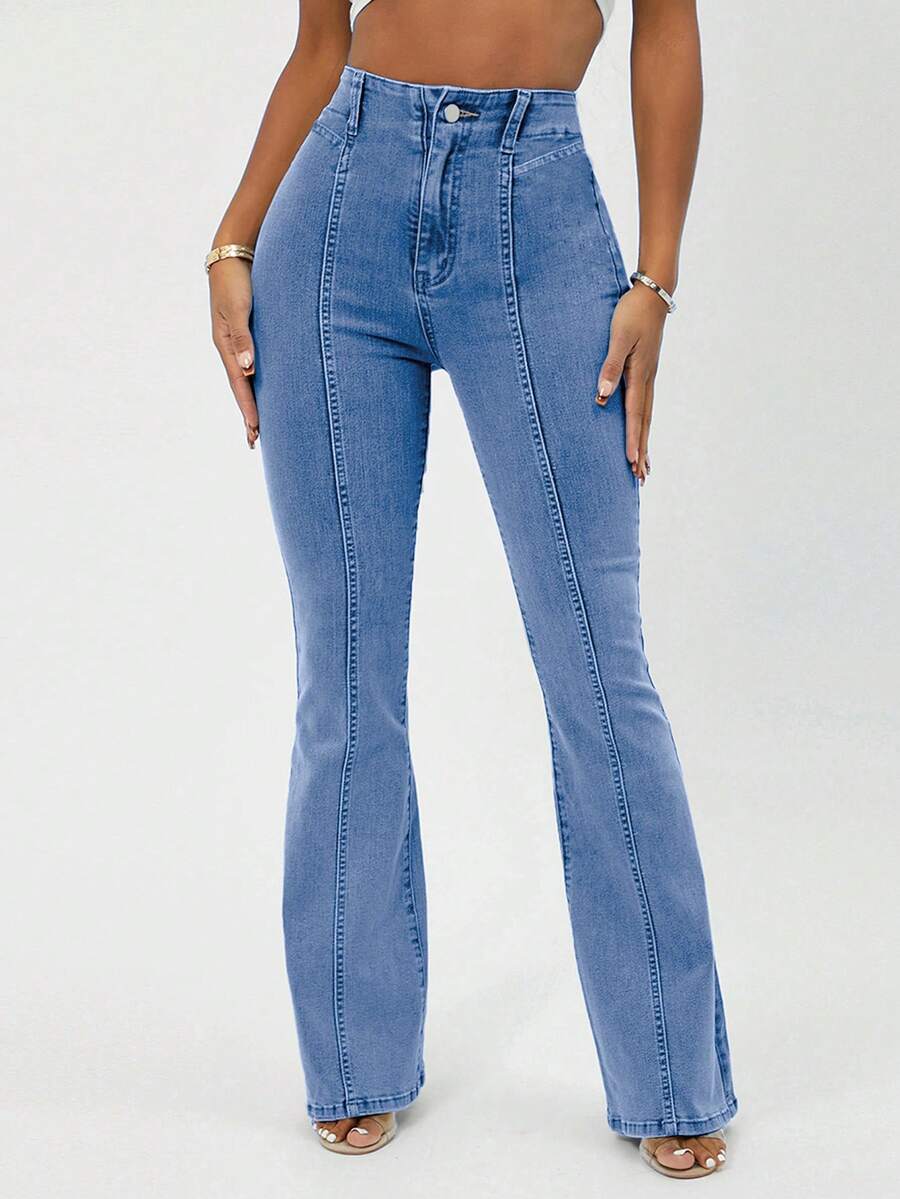 EURMUSE Cotton Women's High Waist Casual Flare Legs Jeans - Blue - View 1