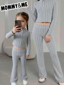 Young Girl 2pcs Set Stand Collar Zipper Solid Color Long Sleeve Top And Long Pants,Great For Casual & Daily Wear & School Daily In Summer & Autumn - Grey - View 1