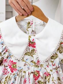 Emery Rose Kids 女童碎花泡泡袖休闲连衣裙，配彼得潘领 - 彩色 - 查看 7