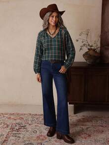 LanaWest Damen lässige, weite V-Ausschnitt Karohemd Bluse mit Langarm, Western-Stil Hemd, geeignet für den Alltag, Herbst - Grün - Übersicht 5