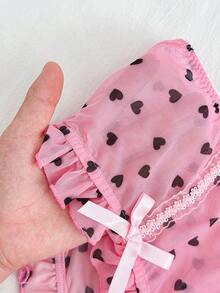 2pcs Plus Size Sweet & Sexy Front Button Floral Print Ruffled Lingerie Set - Pink - View 7