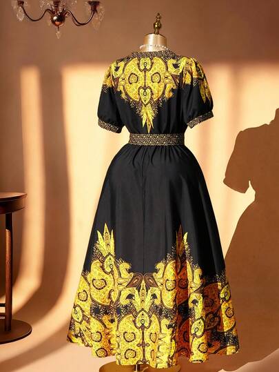 Rometta Plus Size Women's Fashionable Versatile Thailand Maldives Travel Beach Vacation Bohemian Print Waist Cinched V-Neck Cap Sleeve Dress, Spring/Summer