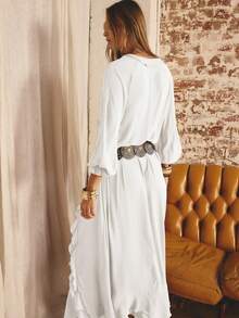 Aralina Women's Solid Color Ruffle V-Neck Casual Long Sleeve Dress - White - View 2