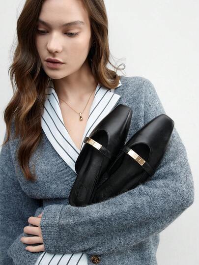 CUCCOO BIZCHIC 女士方头平底黑色金属扣玛丽珍鞋，轻便舒适，一脚蹬设计，适合搭配连衣裙