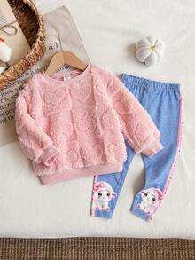 SHEIN Babygirl Cute Casual Pink Fluffy Heart Pattern Long Sleeve Sweatshirt And Pants Set - Multicolor - View 2