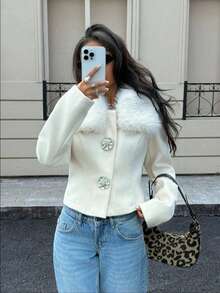 Siren Gaze 女式短款毛领羊毛大衣，秋冬 - 杏色 - 查看 5