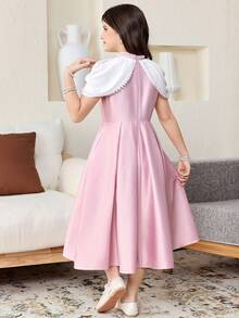 Vestido elegante para niña preadolescente con decoración de perlas, cuello alto pequeño y diseño de bloques de color patchwork - Rosa Pálido - Ver 2