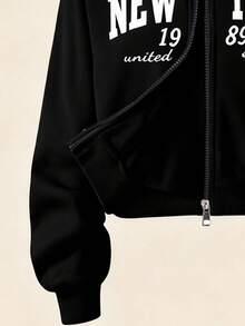 Sparklyn 3 件套青少年女孩印花拉链连帽夹克和极简主义图案 T 恤和阔腿裤套装，娇小女士休闲 T 恤套装，适合外出、度假、街头、返校、校园穿着 - 黑色 - 查看 3