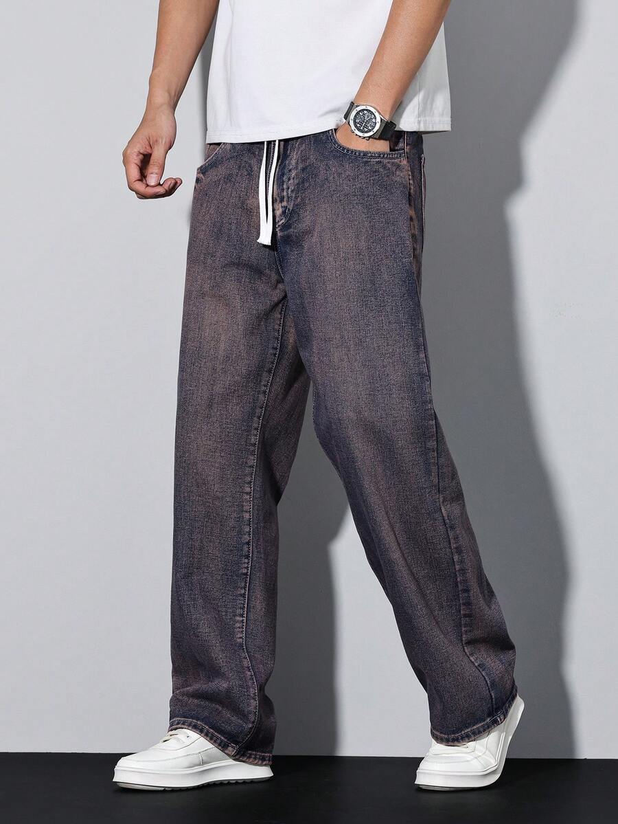 Manfinity Homme Men's Drawstring Waist Wide Leg Jeans, Perfect Holiday Gift For Boyfriend & Husband - Brown - View 1
