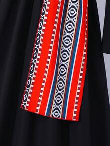 Tween Girl Round Neck Geometric Print Ruched Waist Tie Decor Casual Vacation Travel Flare Sleeve Dress - Multicolor - View 7