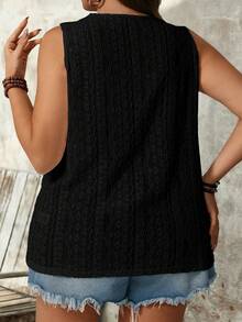 SHEIN LUNE Chic Plus Size Black Eyelet Embroidery Knitted Tank Top For Women Long Round Neck Semi-Sheer - Black - View 2