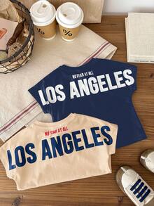 SHEIN 2 pièces/set T-shirt à manches courtes pour bébé garçon, mignon et polyvalent, tricot, graphique de grande lettre, couleur unie, style décontracté, été