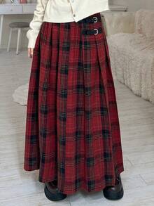 FRIFUL 女士搭扣设计格子褶皱A字休闲半身裙，新年，圣诞节 - 紅色 - 查看 3