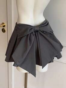 SHEIN EZwear Falda gris plisada con decoración de lazo de unicolor simple, casual para vacaciones - Gris - Ver 1