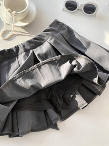 SHEIN EZwear Falda gris plisada con decoración de lazo de unicolor simple, casual para vacaciones - Gris - Ver 6