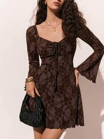 Poéselle Women's Chocolate Lace-Print Bell Sleeve Mini Dress – Square-Neck Ruched Fit & Flare Party Dress For Women Lace Print Mini Dress Bell Sleeve Dress Women Square Neck Dress Brown Fall Dress Outfit Ruched Front Dress Vintage Inspired Mini Dress Women's Elegant Long Sleeve Tie Front Dress With Heart Neckline,Chocolate Lace Long Sleeve Mini Dress - Sweetheart Neck Holiday Christmas Party Outfit For Women Brown Dress Valentine's Day