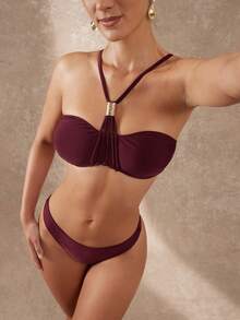 Lumalex Women's Burgundy Bandeau Bikini Set,Adjustable Halter Strap Gold Hardware Sculpting Fit,Luxury Elegant Summer Beach Holiday Resort Swimwear Outfits - Multicolor - View 6