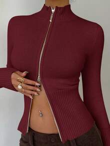 Aloruh 女士休闲罗纹高领拉链长袖开衫毛衣，黄色，适合日常穿着和运动，秋冬季 - 酒紅色 - 查看 8