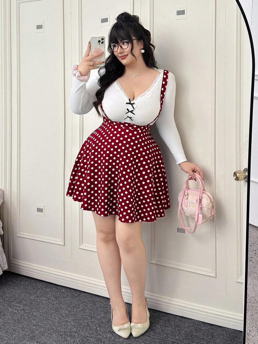 CovetEZ Plus Size Romantic Red Polka Dot Spaghetti Strap A-Line Dress, Autumn/Winter - Red - View 1