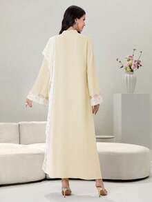 Yasmyna Embroidered Trim Contrast Color Block Mandarin Collar Long Tunic Kaftan Jalabiya Dress - Khaki - View 2