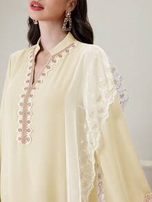 Yasmyna Embroidered Trim Contrast Color Block Mandarin Collar Long Tunic Kaftan Jalabiya Dress - Khaki - View 3