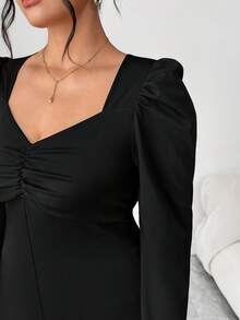 Elenzga Plus Size Women's Elegant Solid Color Square Neck Puff Sleeve Ruched Waist Split Hem Bodycon Dress, Suitable For Business, Date, Party, Afternoon Tea, Holiday, Christmas, Valentine's Day, Autumn/Winter - Black - View 8