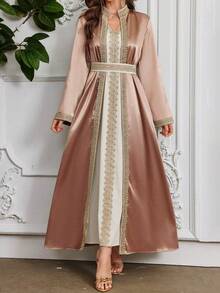 Al Najma 女士水溶性蕾丝拼接连衣裙，带外套，穆斯林时尚长袍，适合休闲/节日/聚会/旅行 - 粉色 - 查看 4