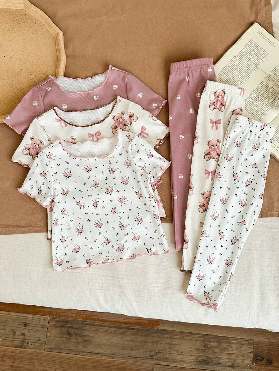 SHEIN LMoss Kids 6件套女婴可爱卡通熊和花卉印花荷叶边圆领短袖上衣和裤子休闲舒适针织睡衣套装 - 彩色 - 查看 1