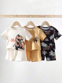 3pcs/Set Young BoyDinosaur Print Snug Fit Pajama Set, Includes Dinosaur All-Over Print Set, Yellow Dinosaur Graphic Tee, And Beige Dinosaur Set, Comfortable Stretchy Fabric, Fashionable & Unique Style - Multicolor - View 1