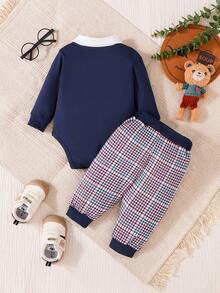 Conjunto De 2 Piezas Para Bebé Niño Con Diseño De Osito Estilo Caballero Para Todas Las Estaciones, Body De Manga Larga Con Cuello Polo Y Estampado De Osito Con Pajarita + Pantalones Largos De Estampado De Pata De Gallo, Conjunto De Moda Para Recién Nacido Niño - Azul Marino - Ver 2
