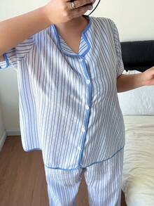 Dream Adore Conjunto de pijama de cárdigan corto y largo a rayas para mujer de talla grande, conjunto de camisa casual de mezcla de algodón - Azul - Ver 3