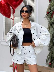 Muchica 2件套 女士白色爱心印花梭织蝙蝠袖外套和短裤 - 黑與白 - 查看 3