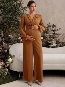 SHEIN Elegant Solid Color Twist Jumpsuit For Pregnant Women - Brown - View 3