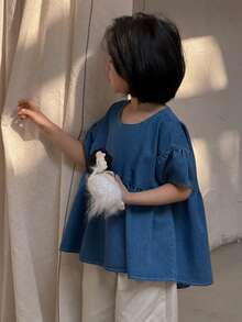 DAZY Young Girls Round Neck Casual Ruffle Hem Washed Loose Short Sleeve Denim